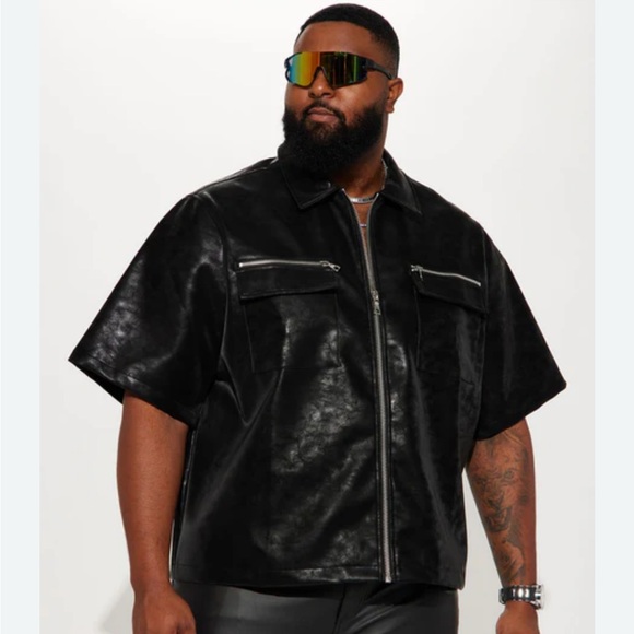 NovaMen Black Sorry Not Sorry Faux Leather Zip Up Short Sleeve Shirt - Picture 1 of 14